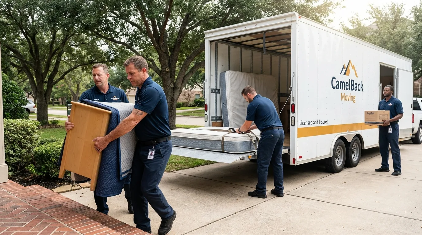Crew loading residential truck for cross-state move from Sulphur Springs, AR