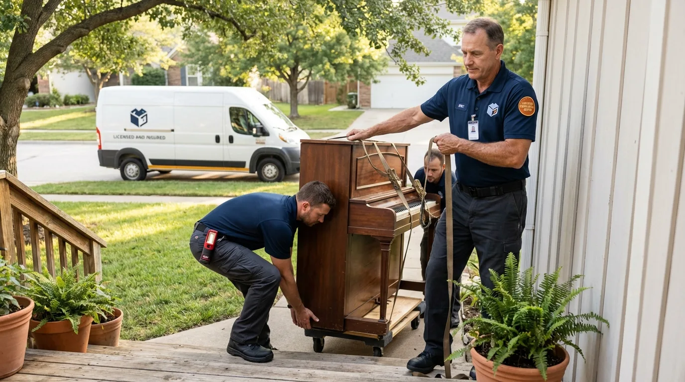 Licensed piano movers securing grand piano in Sulphur Springs, AR