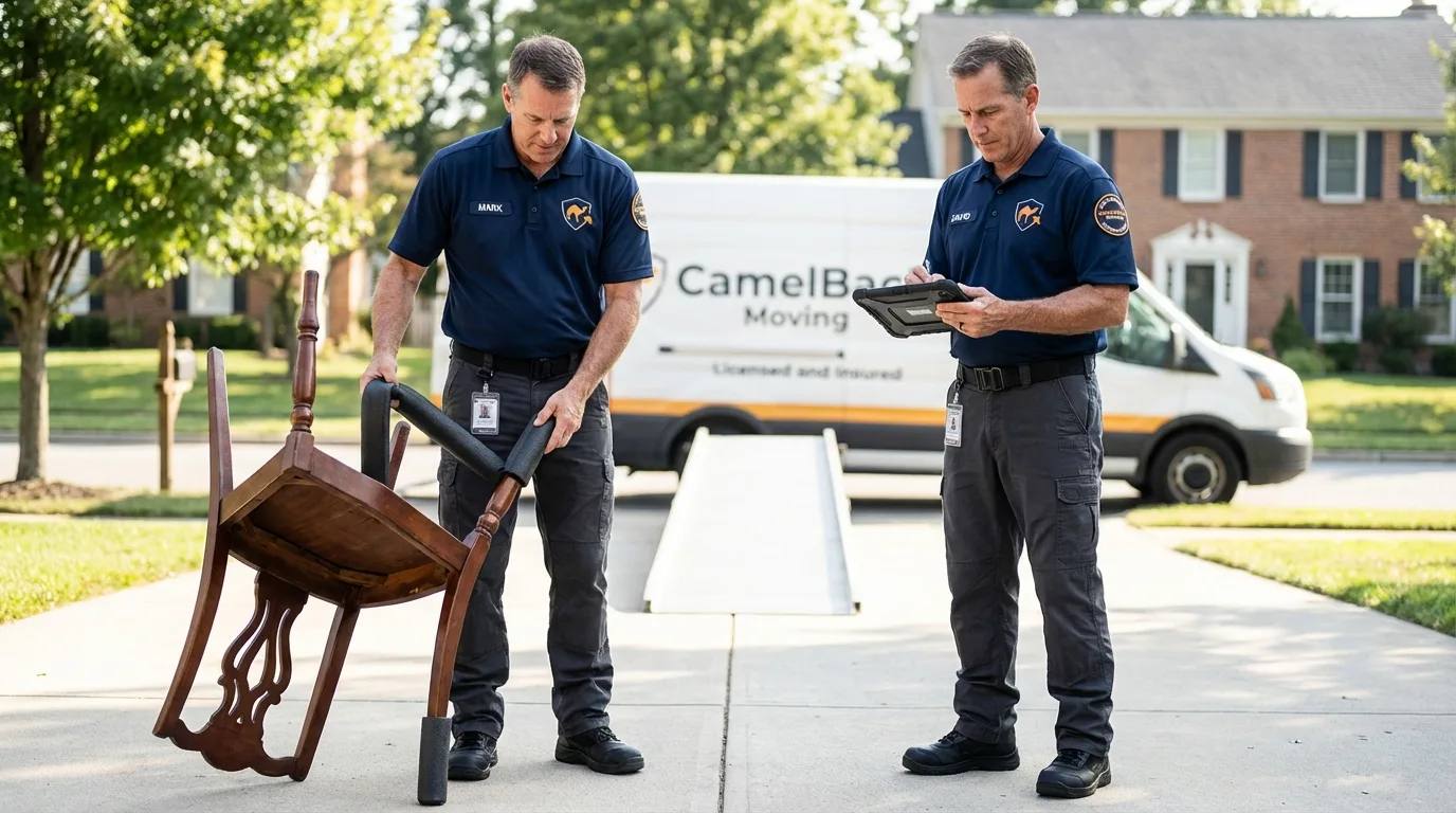 Movers inspecting furniture for damage prevention before loading in Sulphur Springs, AR