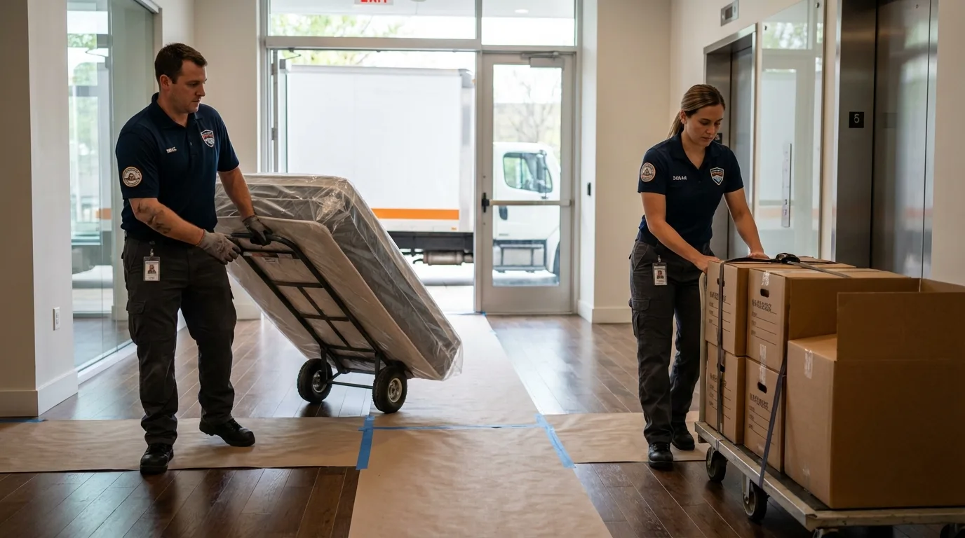 Professional apartment movers loading elevator in Sulphur Springs, AR