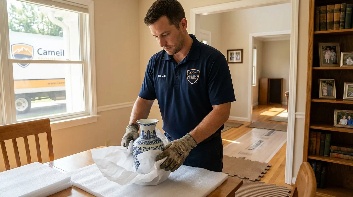 Professional crew carefully wrapping antique vase for senior downsizing move in Sulphur Springs, AR